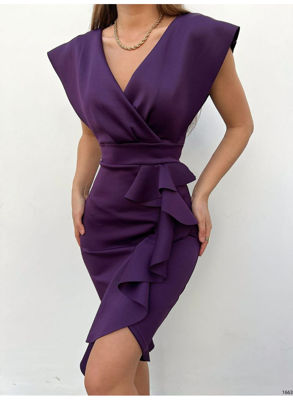 Scuba Kumaş Önü Fırfırlı Midi Boy Elbise