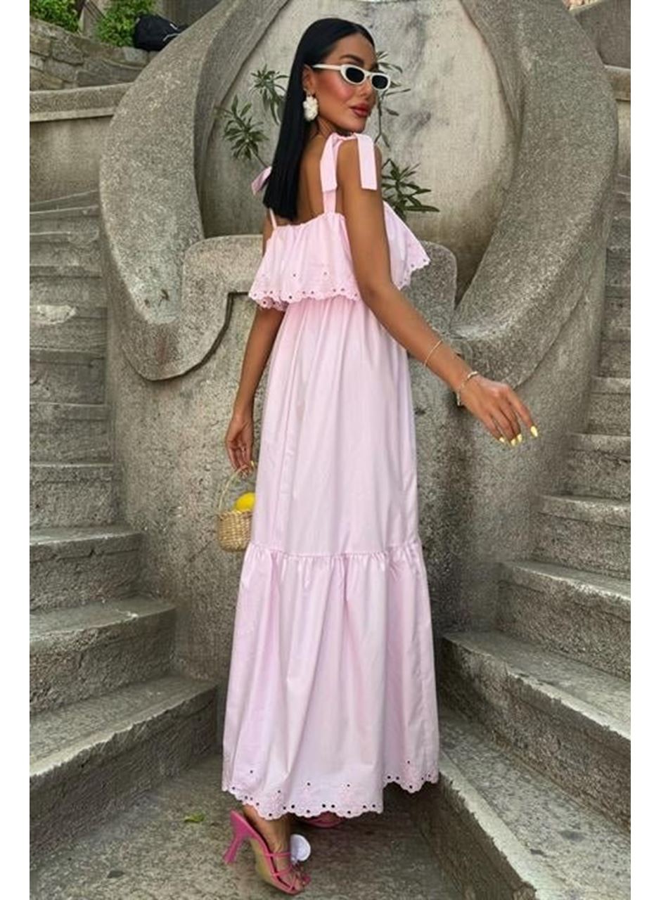 Etek Ucu Brode Nakışlı Boyundan Bağlamalı Elbise 2881