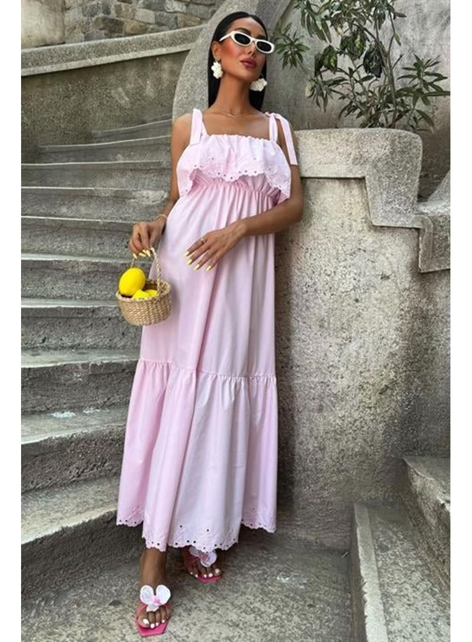 Etek Ucu Brode Nakışlı Boyundan Bağlamalı Elbise 2881