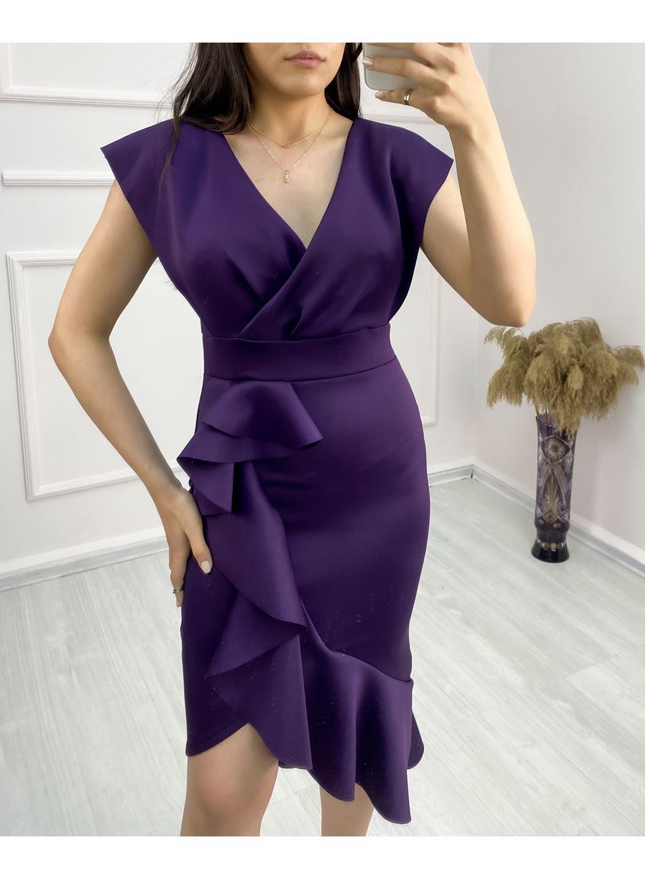 Scuba Kumaş Önü Fırfırlı Midi Boy Elbise