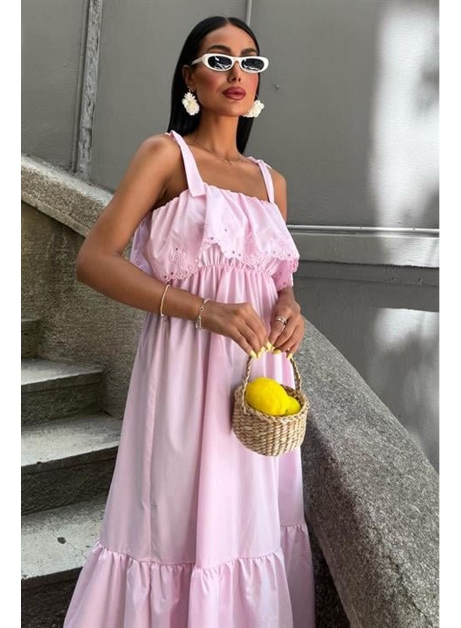 Etek Ucu Brode Nakışlı Boyundan Bağlamalı Elbise 2881