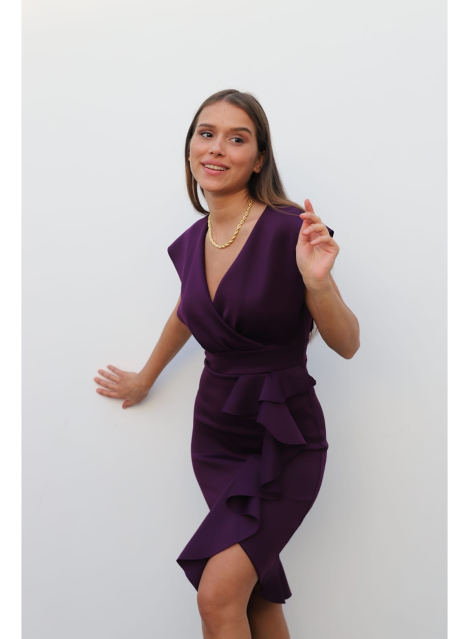 Scuba Kumaş Önü Fırfırlı Midi Boy Elbise