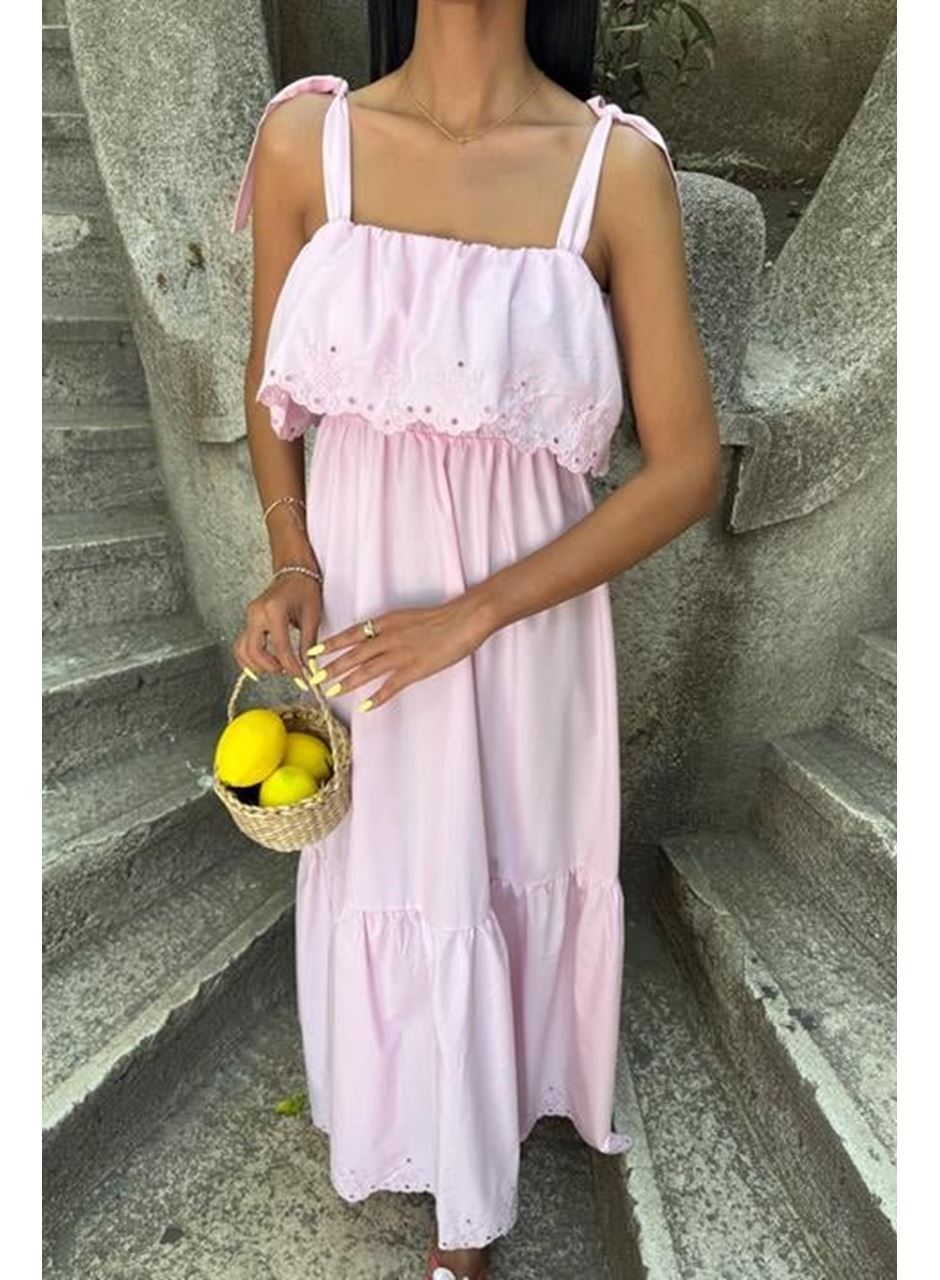 Etek Ucu Brode Nakışlı Boyundan Bağlamalı Elbise 2881