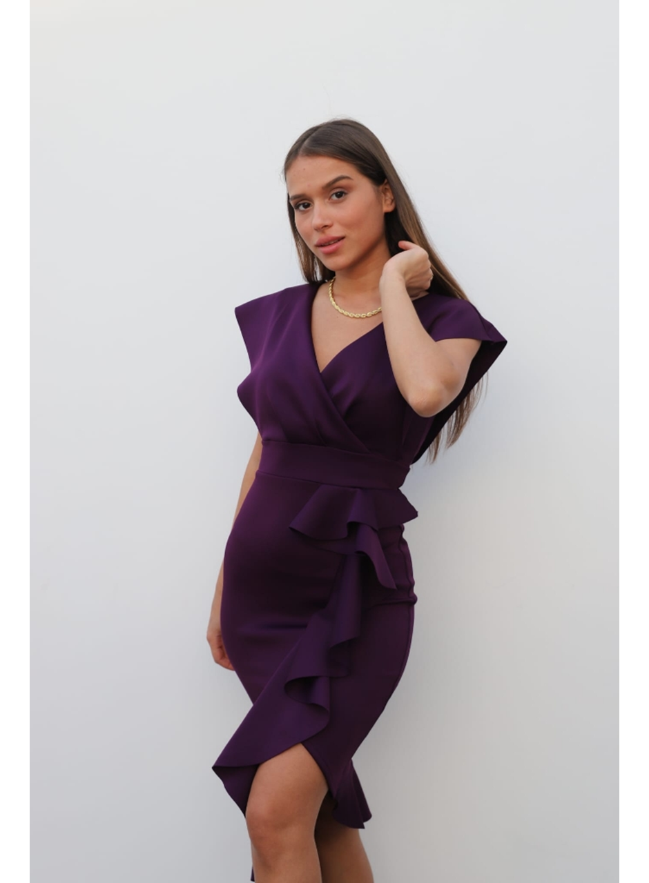 Scuba Kumaş Önü Fırfırlı Midi Boy Elbise