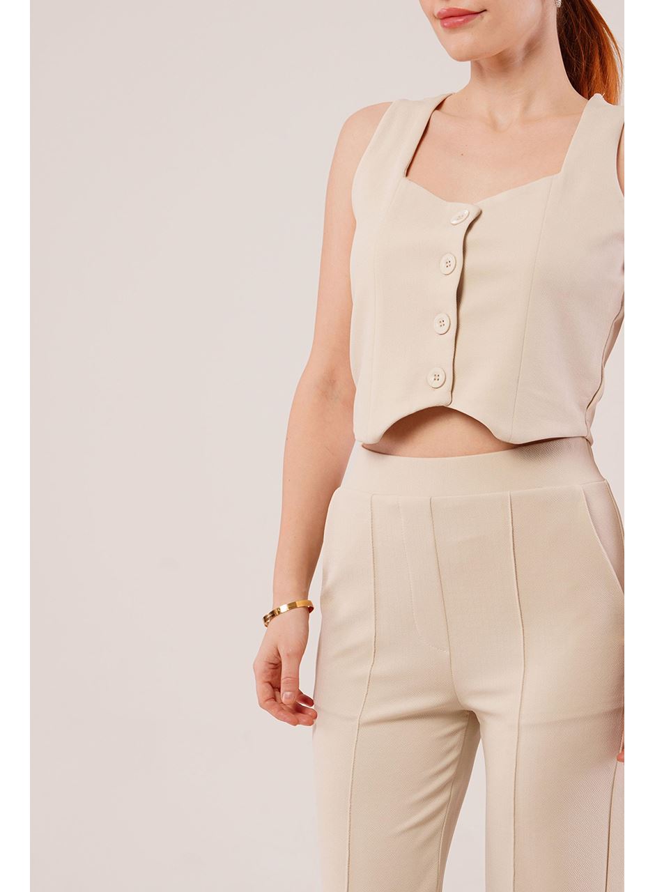 Kalın Askılı Düğmeli Yelek Ve Pantolon Bej Takım