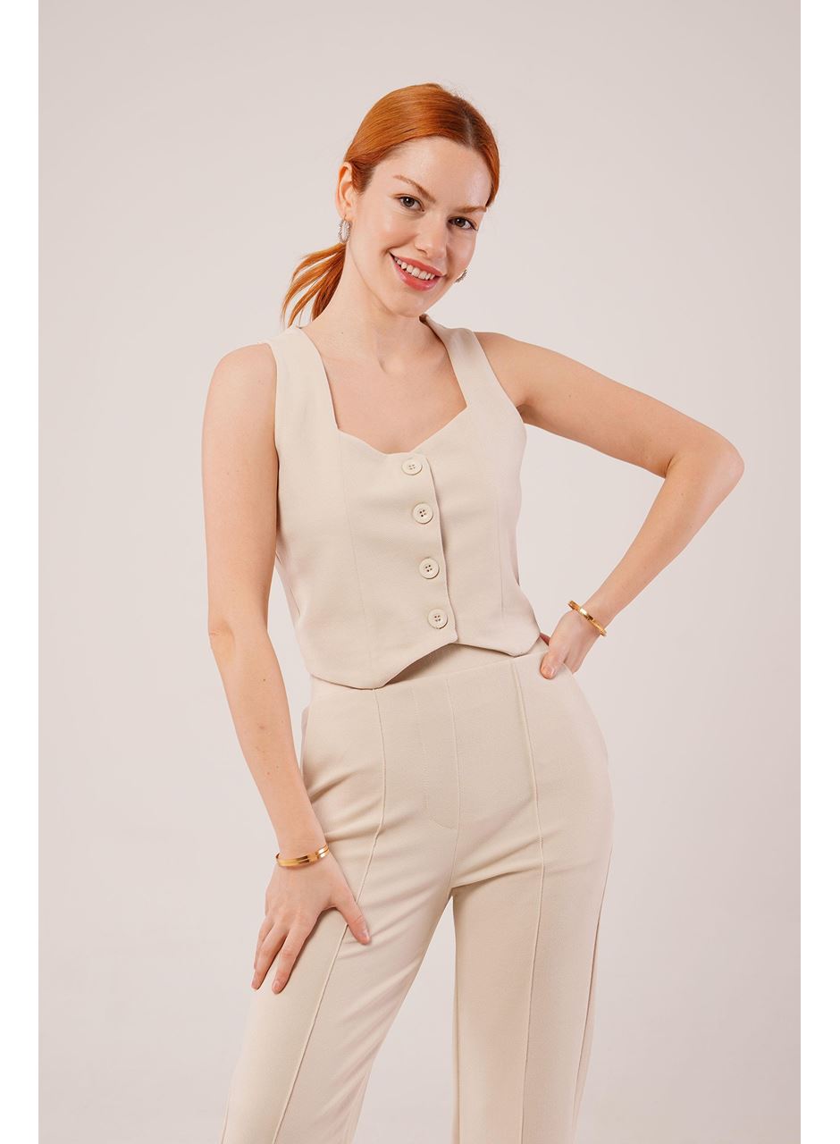 Kalın Askılı Düğmeli Yelek Ve Pantolon Bej Takım