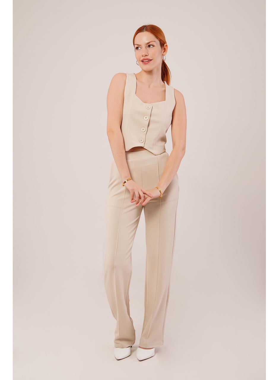 Kalın Askılı Düğmeli Yelek Ve Pantolon Bej Takım