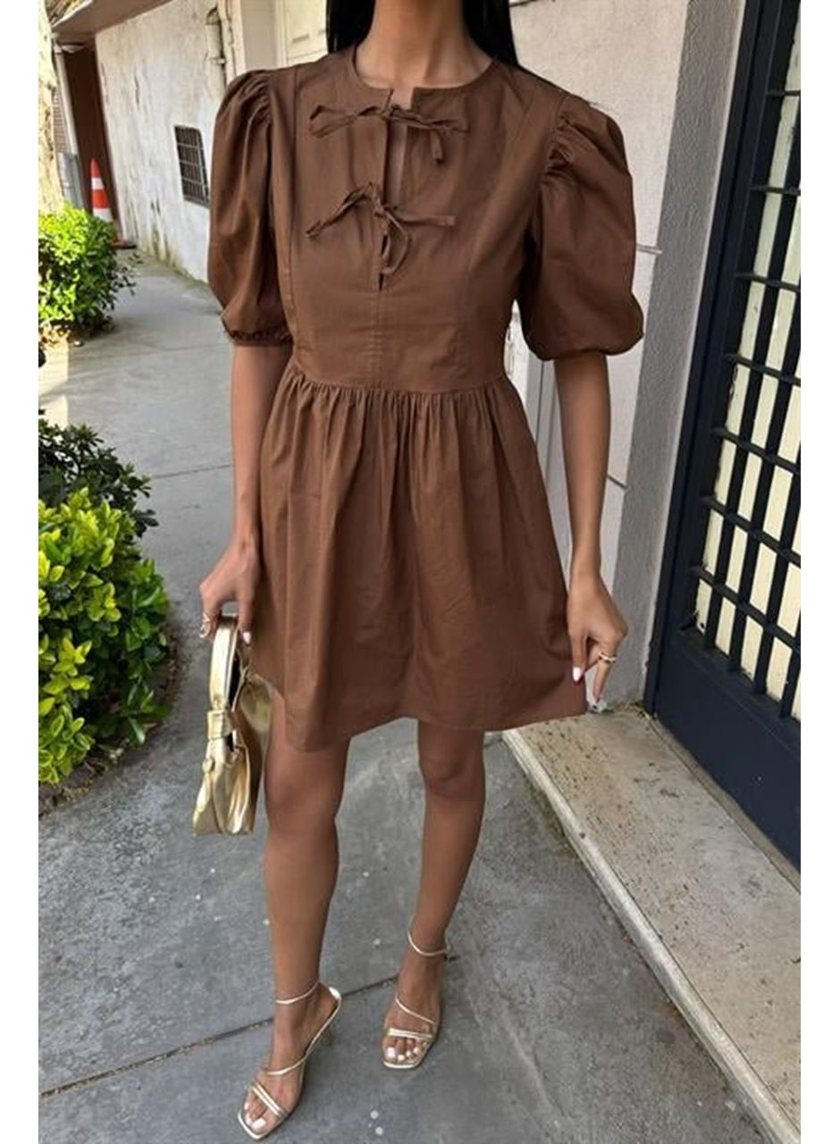 Önü Fiyonk Bağlamalı Ve Balon Kollu Elbise 2893