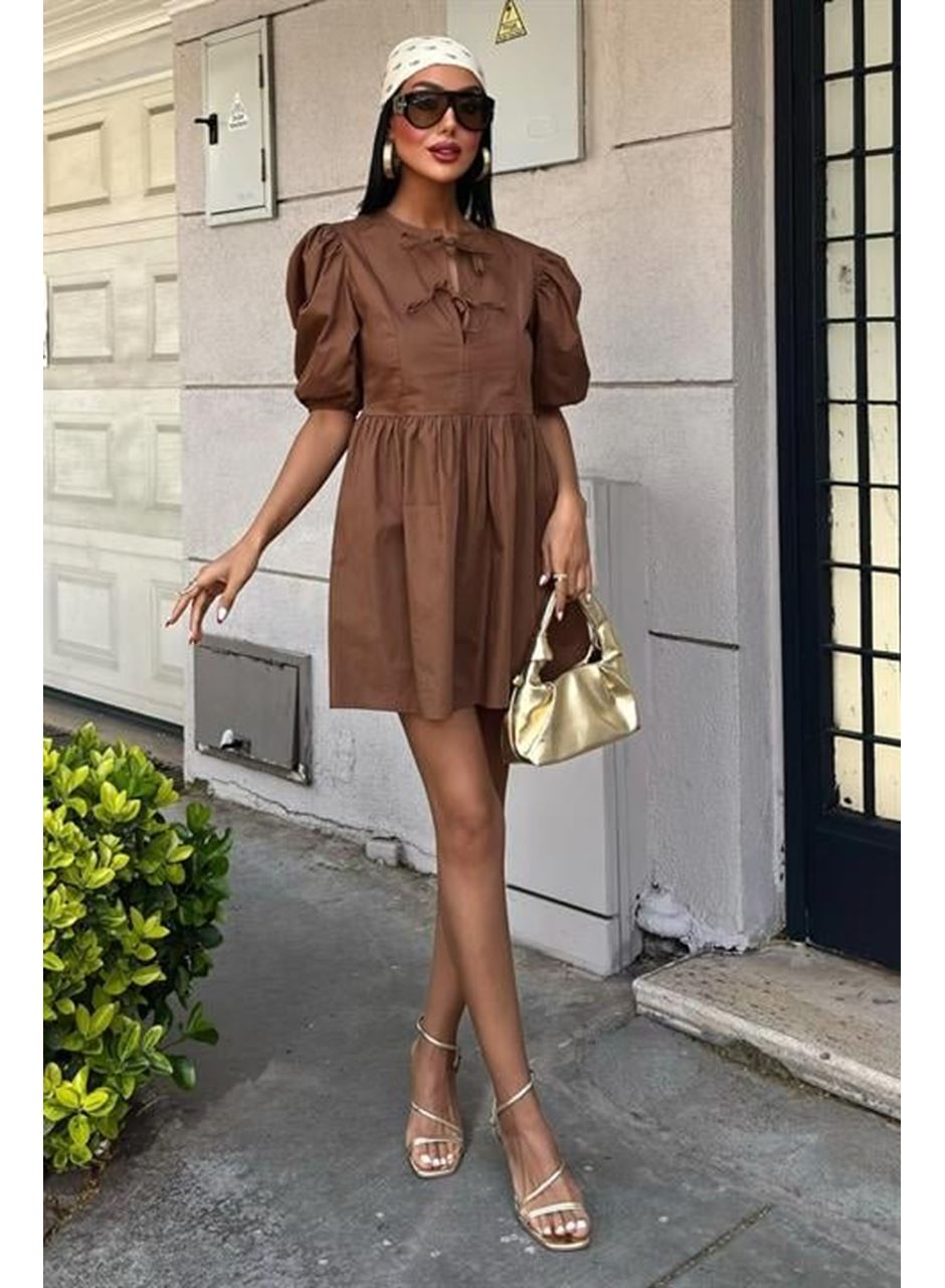 Önü Fiyonk Bağlamalı Ve Balon Kollu Elbise 2893