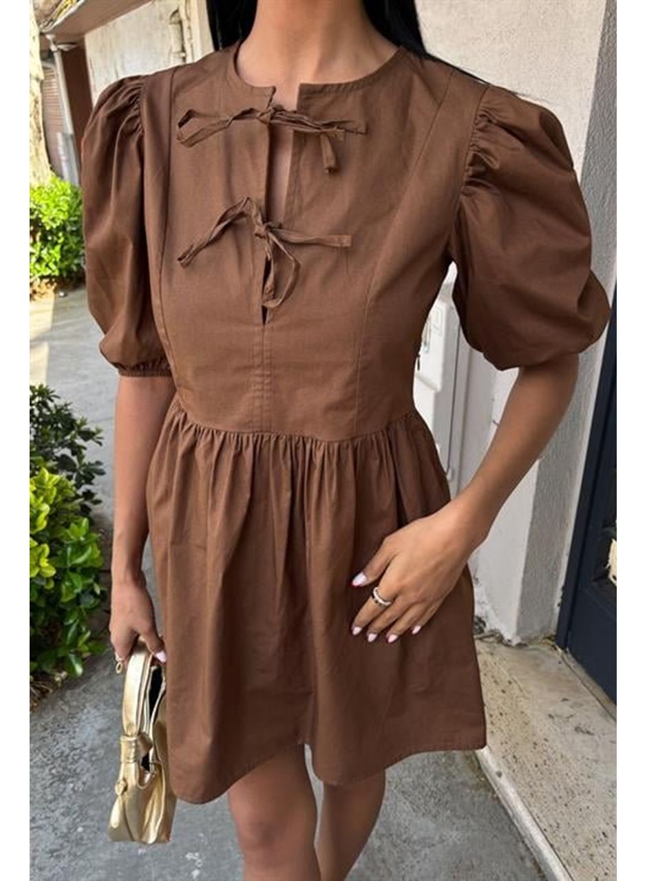 Önü Fiyonk Bağlamalı Ve Balon Kollu Elbise 2893