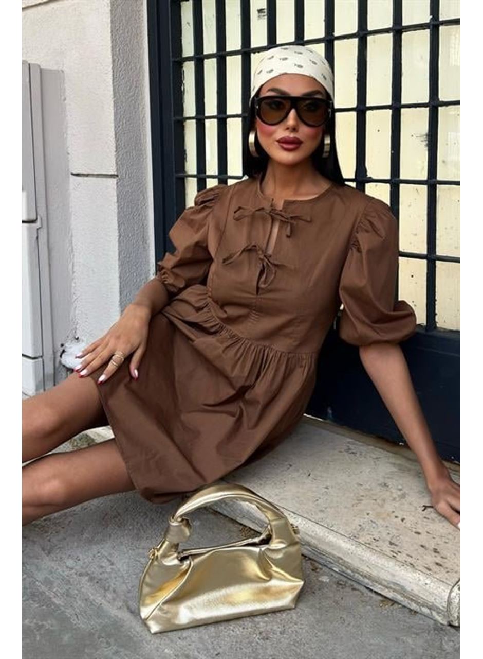 Önü Fiyonk Bağlamalı Ve Balon Kollu Elbise 2893