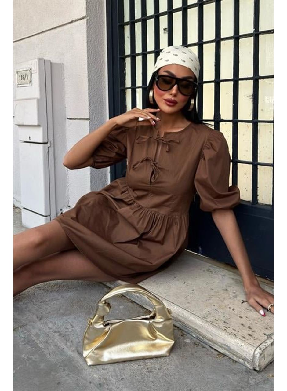 Önü Fiyonk Bağlamalı Ve Balon Kollu Elbise 2893