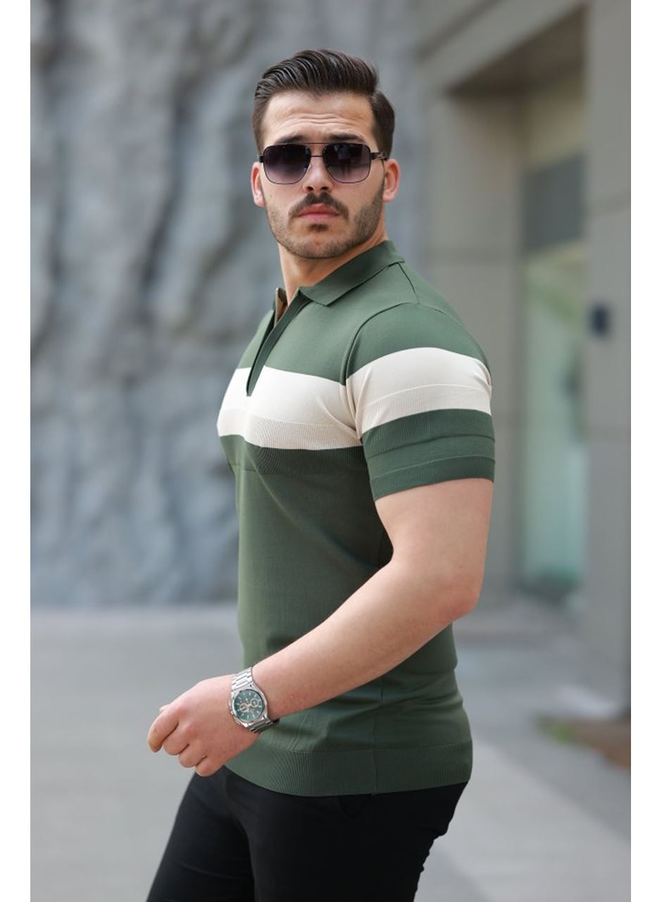 Erkek Fermuar Yakalı şerit Renk Desenli Kısa Kollu Tişört