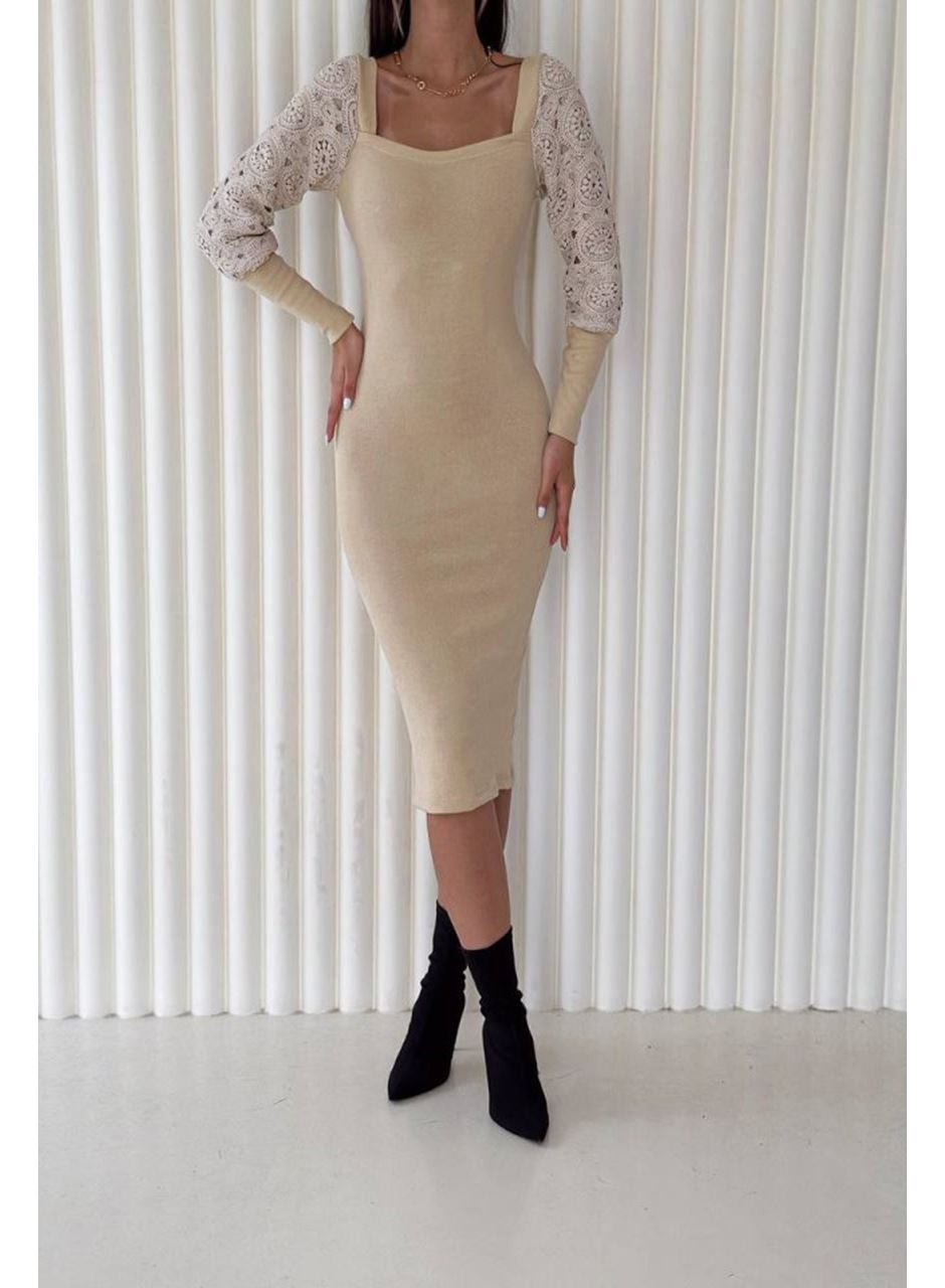 Kadın Kare Yaka Kolları Manşet Ve Tül Detay Fırsat ürün Midi Boy Elbise