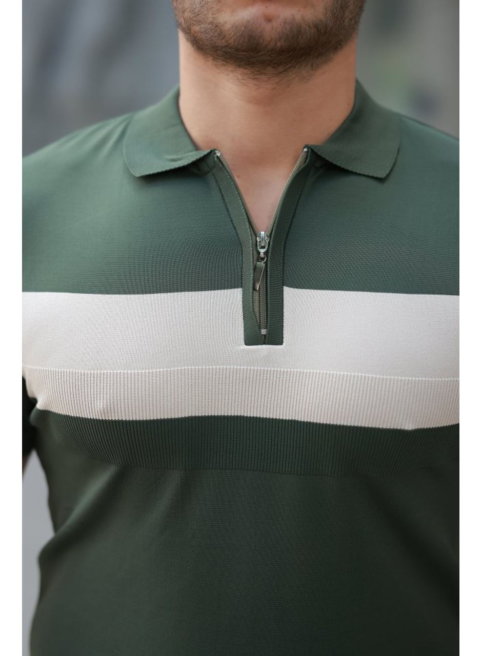 Erkek Fermuar Yakalı şerit Renk Desenli Kısa Kollu Tişört