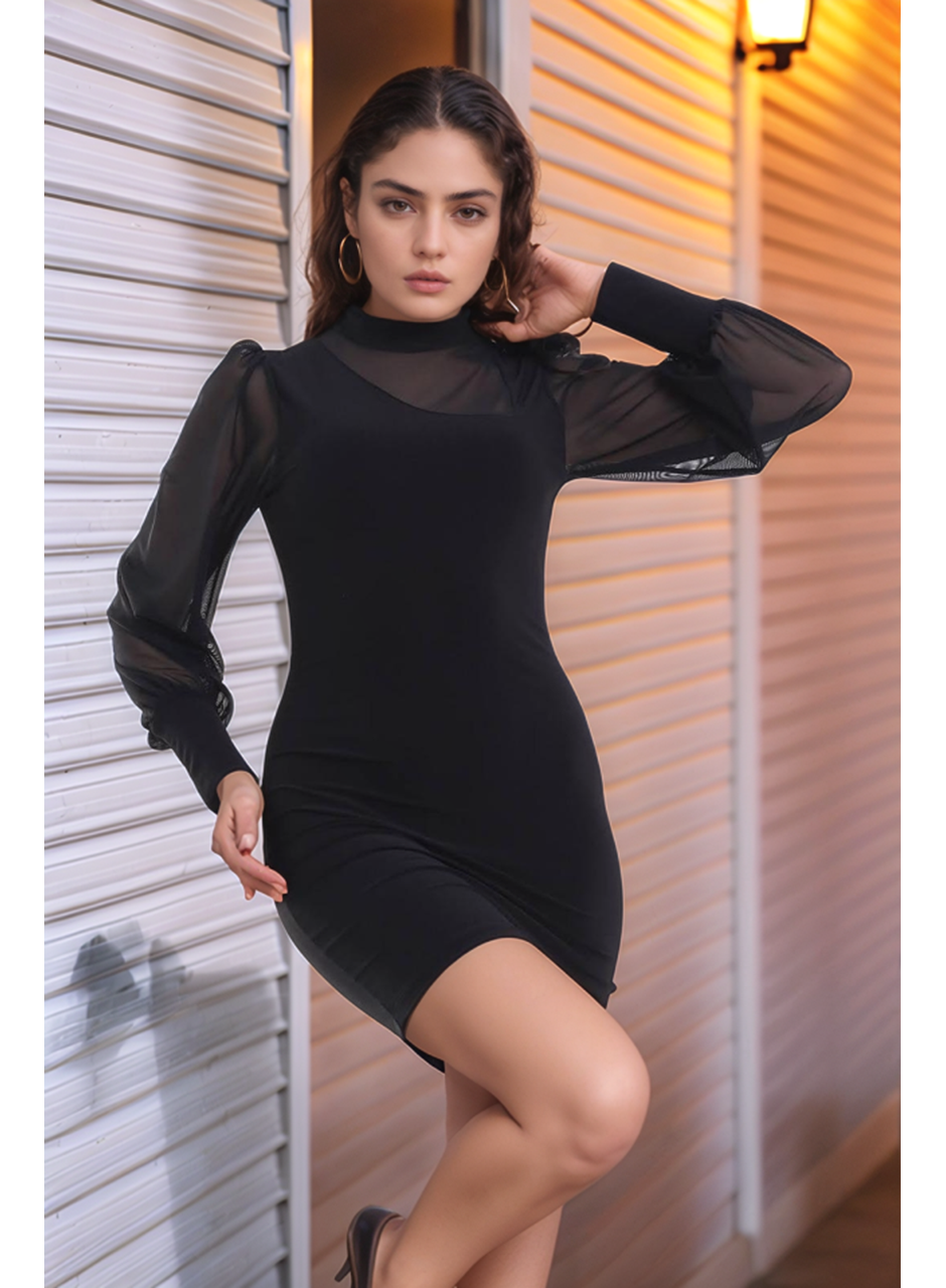 Kadın Balıkçı Yaka Transparan Detay Fırsat ürün Sandy Kumaş Mini Elbise