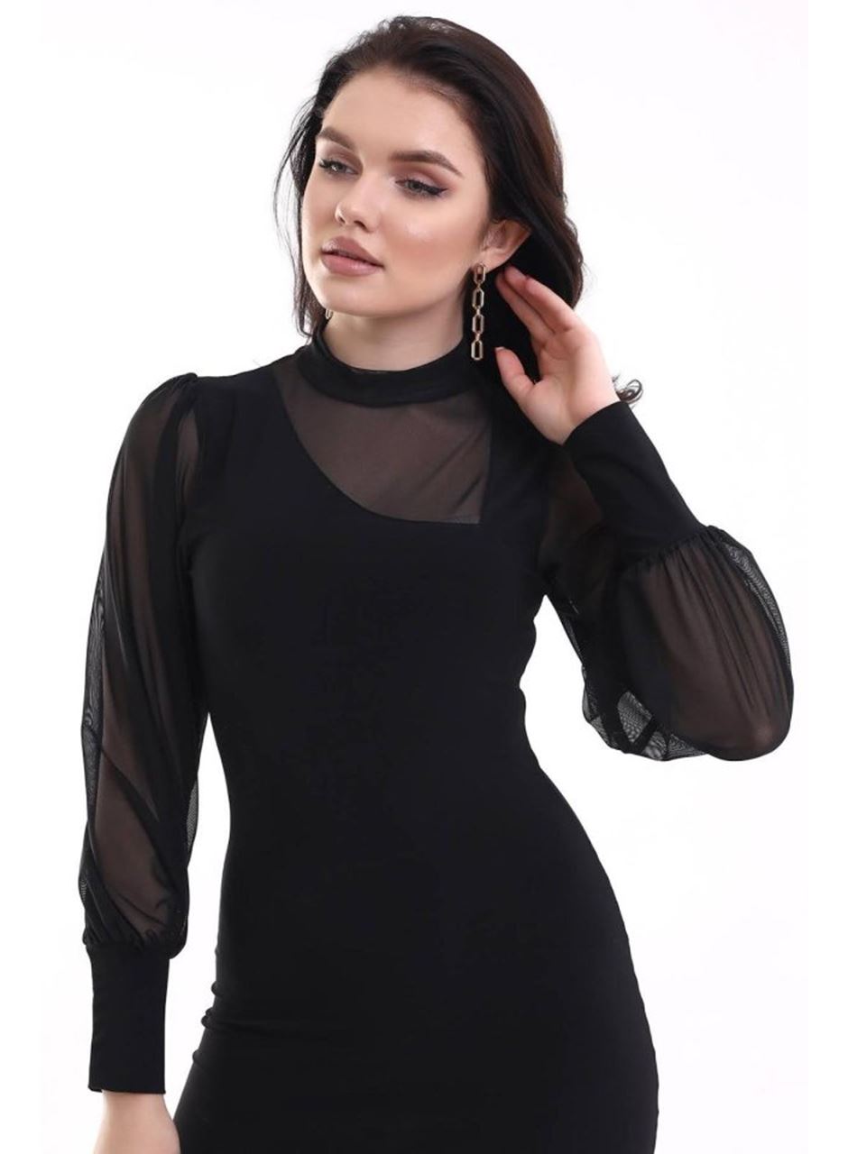 Kadın Balıkçı Yaka Transparan Detay Fırsat ürün Sandy Kumaş Mini Elbise