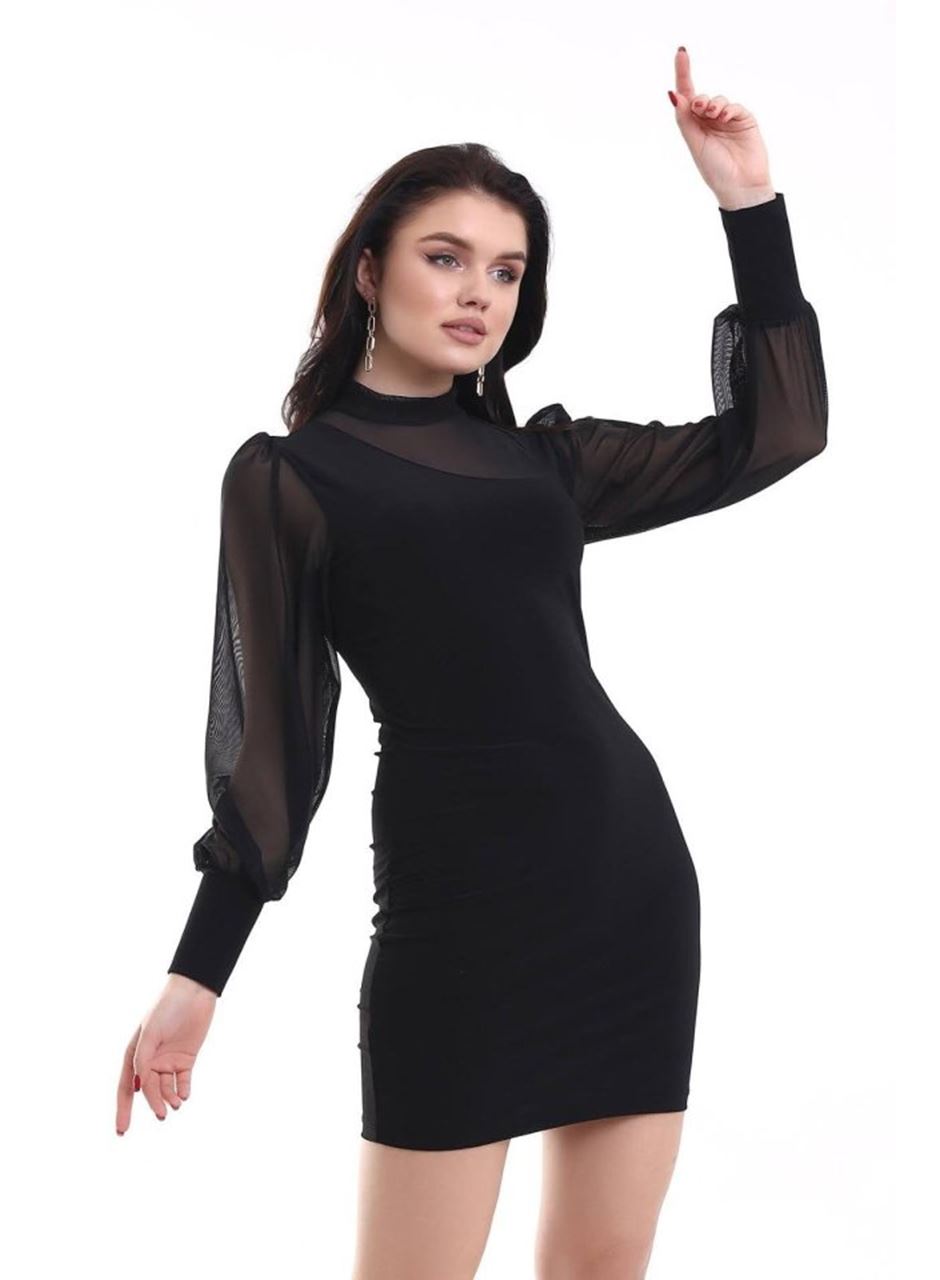 Kadın Balıkçı Yaka Transparan Detay Fırsat ürün Sandy Kumaş Mini Elbise