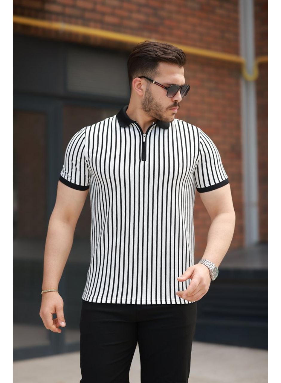 Erkek çizgili Fermuar Yakalı Kısa Kollu Tişört