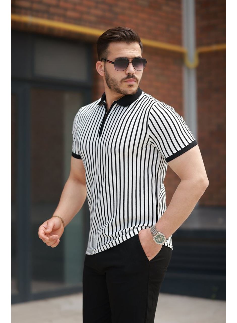 Erkek çizgili Fermuar Yakalı Kısa Kollu Tişört