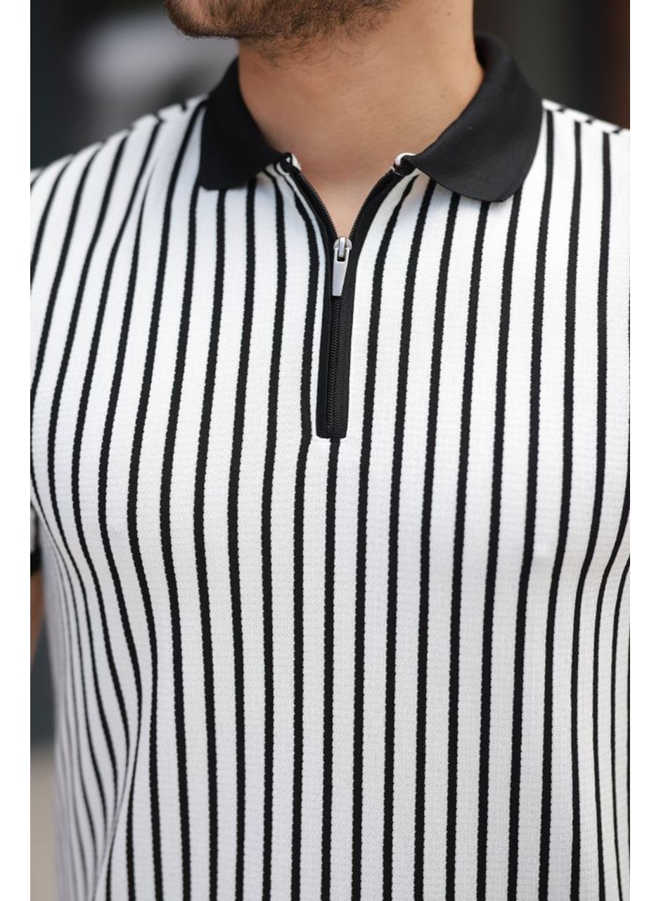 Erkek çizgili Fermuar Yakalı Kısa Kollu Tişört
