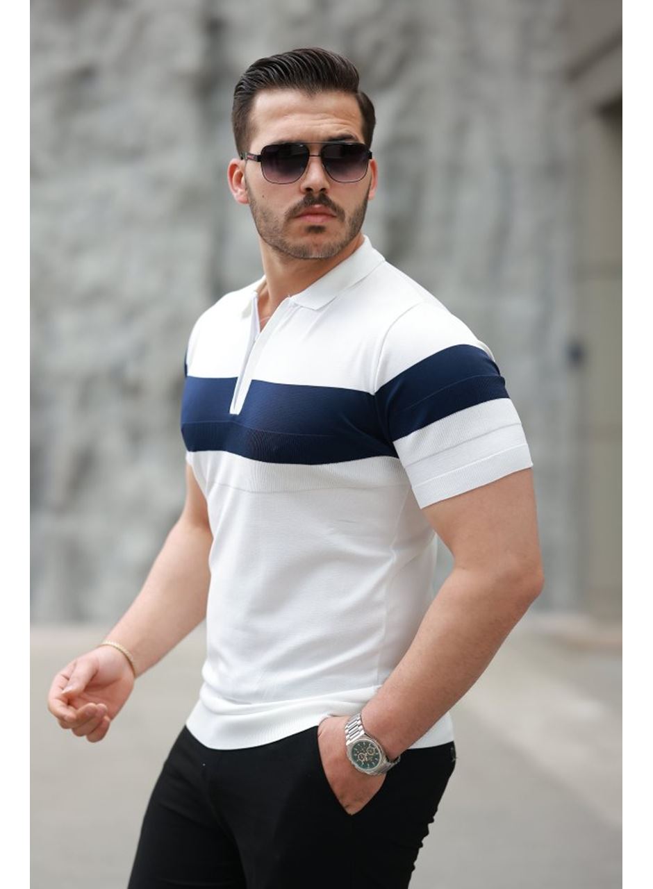 Erkek Fermuar Yakalı şerit Renk Desenli Kısa Kollu Tişört