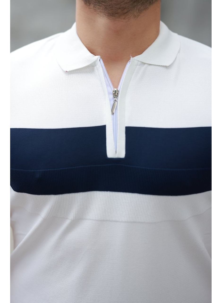 Erkek Fermuar Yakalı şerit Renk Desenli Kısa Kollu Tişört