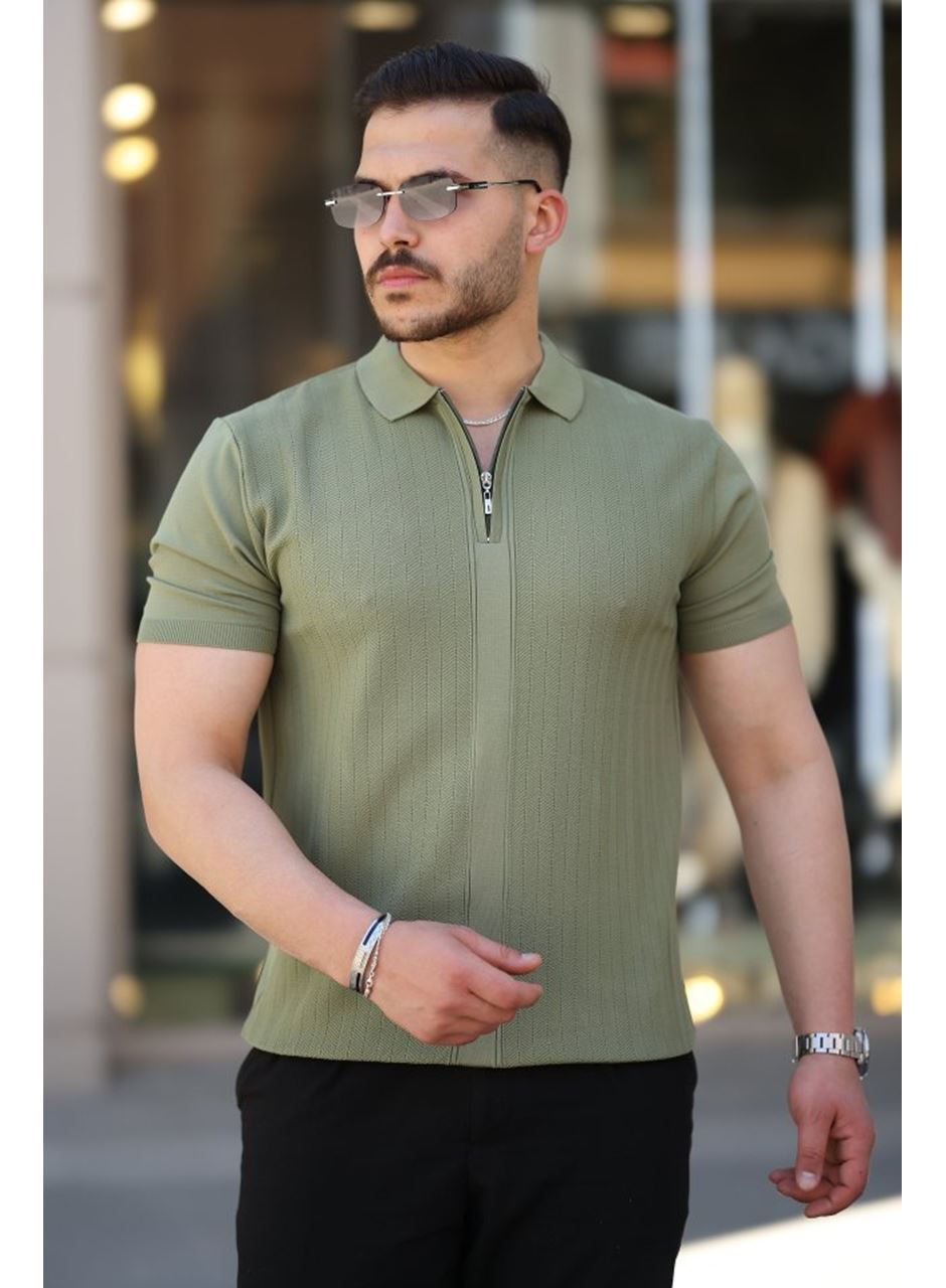 Erkek Yakası Fermuarlı Kısa Kollu T-shirt