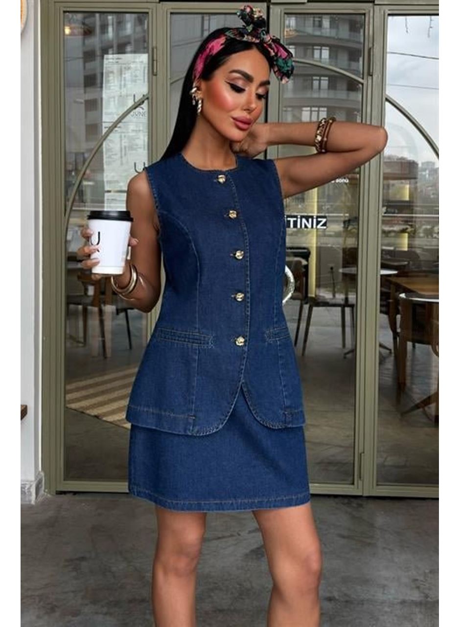Kolsuz Yelekli Mini Etekli Denim Takım 10164