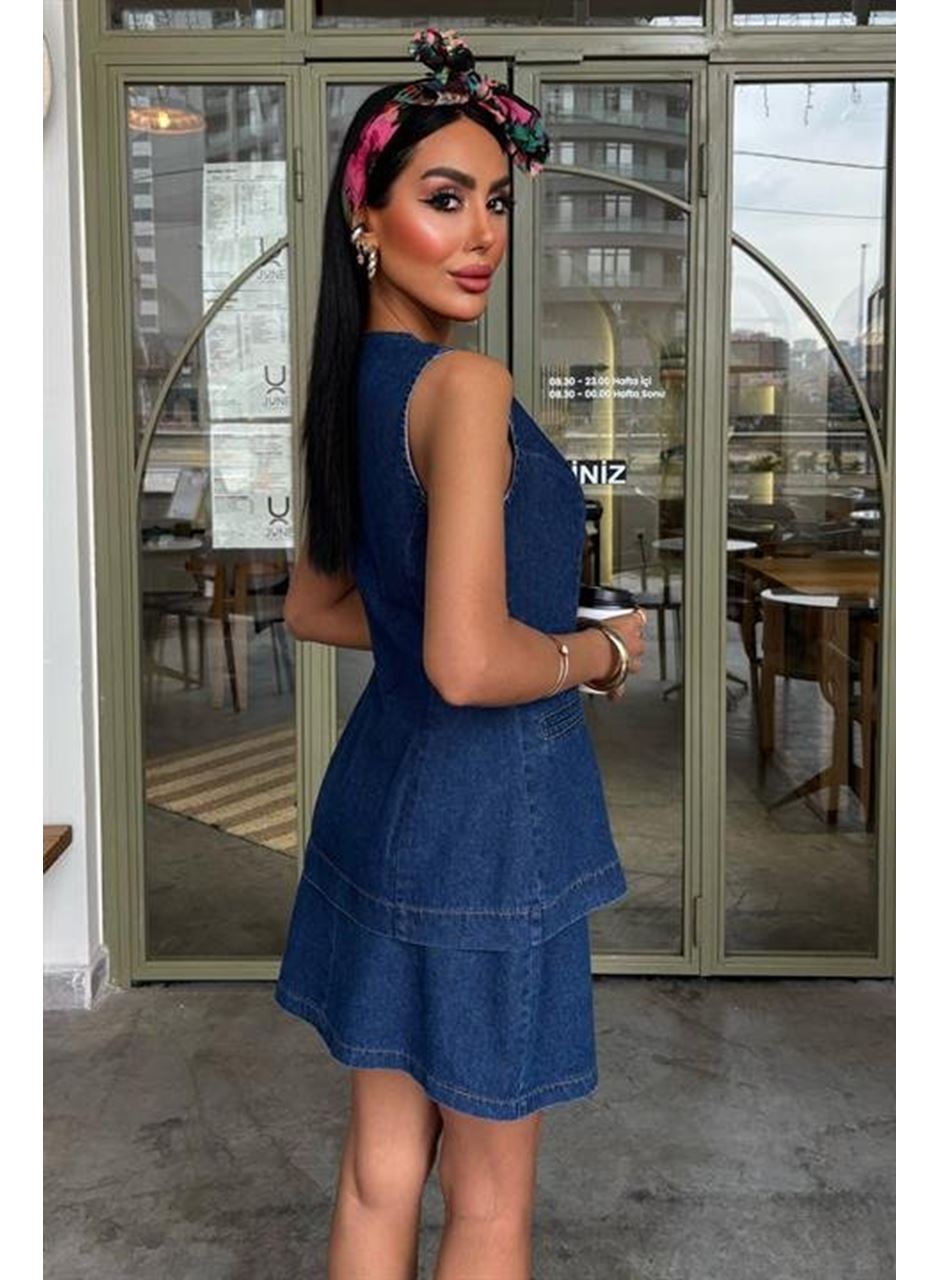 Kolsuz Yelekli Mini Etekli Denim Takım 10164