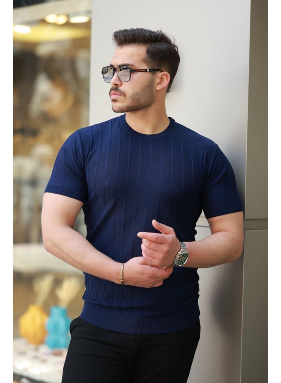 Erkek Kısa Kollu Bisiklet Yaka çizgili Triko Tişört