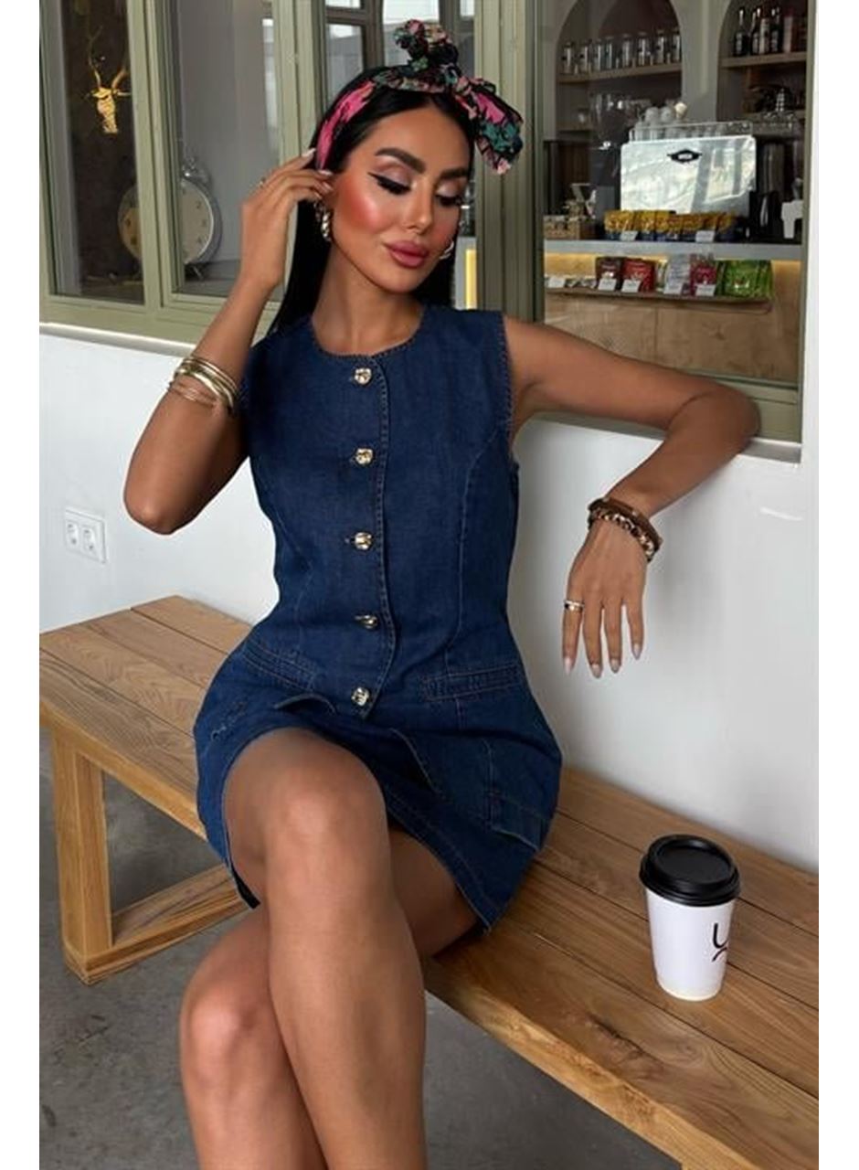 Kolsuz Yelekli Mini Etekli Denim Takım 10164
