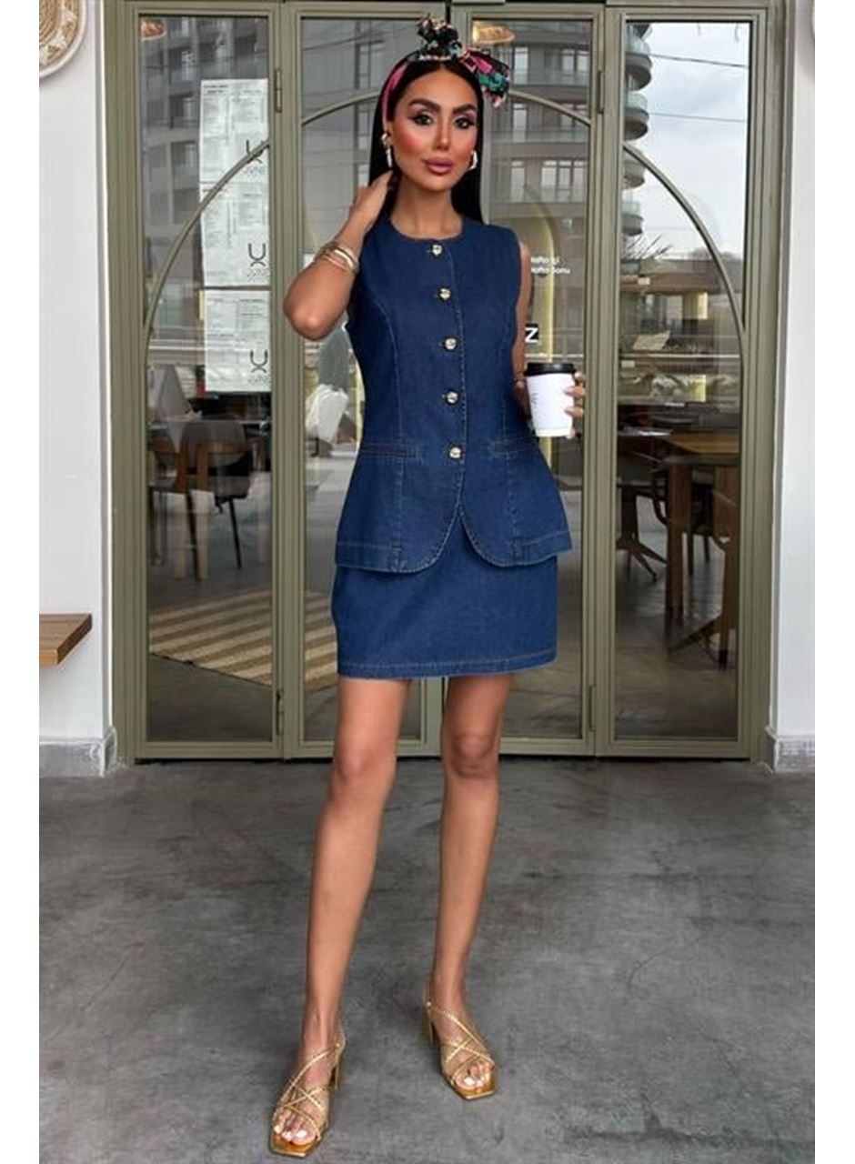 Kolsuz Yelekli Mini Etekli Denim Takım 10164