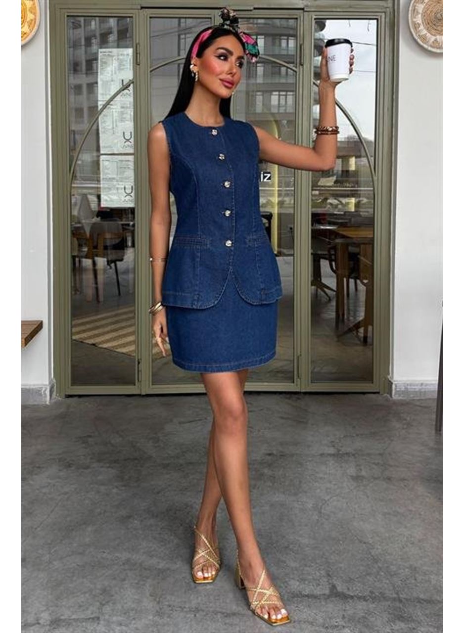 Kolsuz Yelekli Mini Etekli Denim Takım 10164