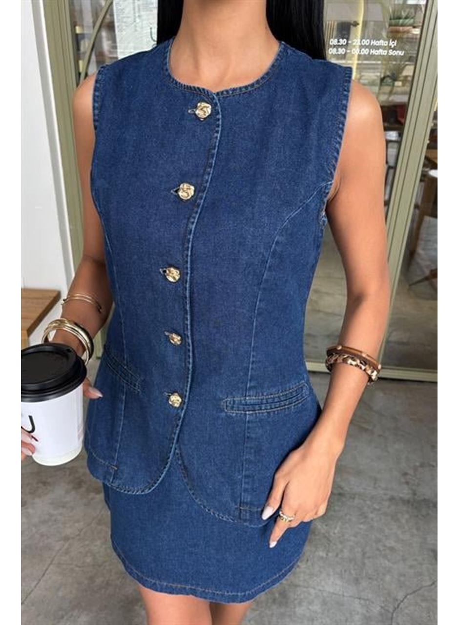 Kolsuz Yelekli Mini Etekli Denim Takım 10164