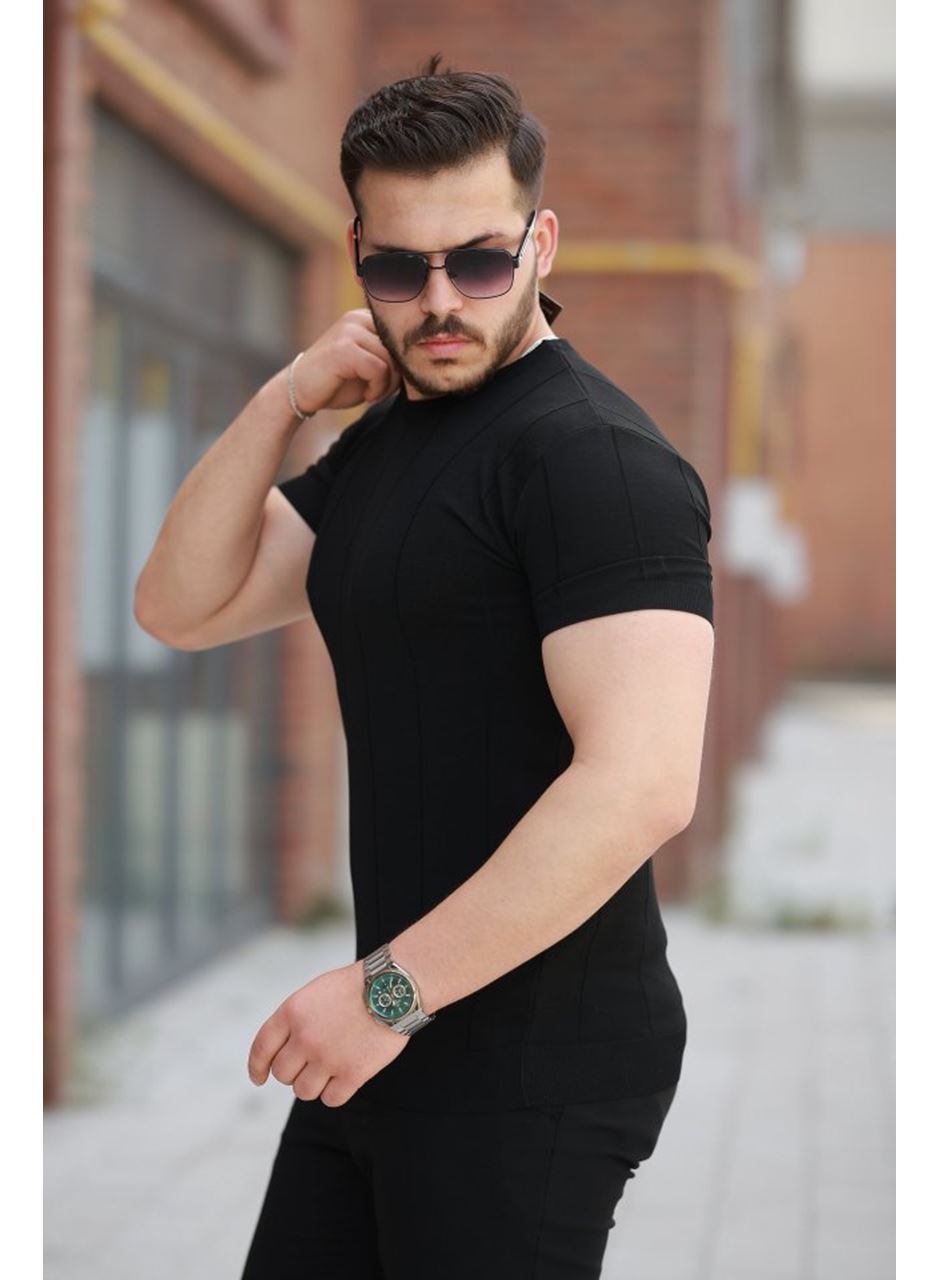 Erkek Ince çizgi Dokulu Bisiklet Yaka Kısa Kollu T-shirt