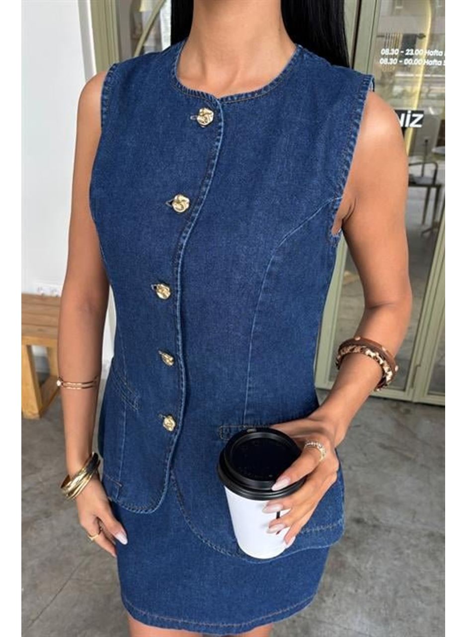 Kolsuz Yelekli Mini Etekli Denim Takım 10164