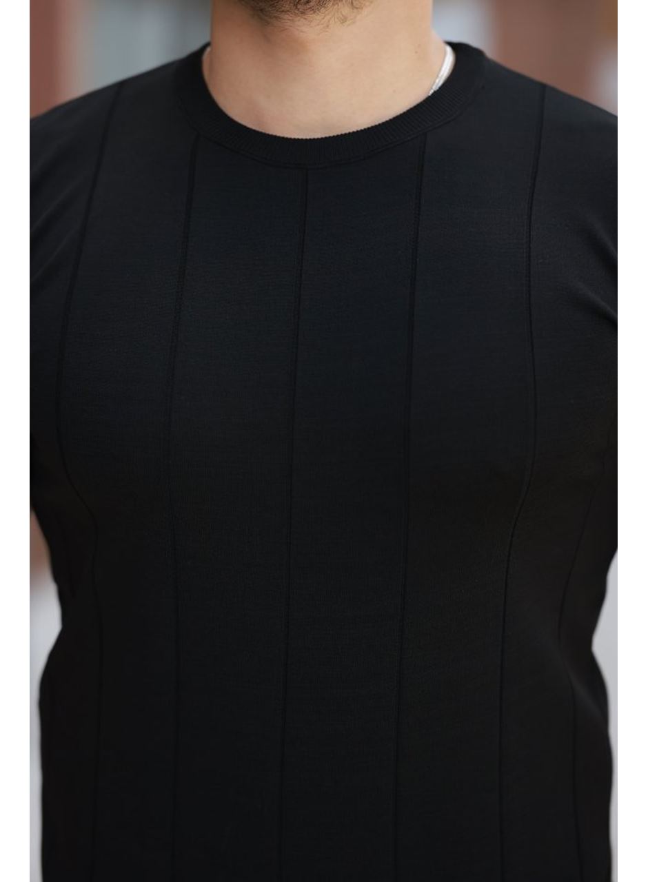 Erkek Ince çizgi Dokulu Bisiklet Yaka Kısa Kollu T-shirt