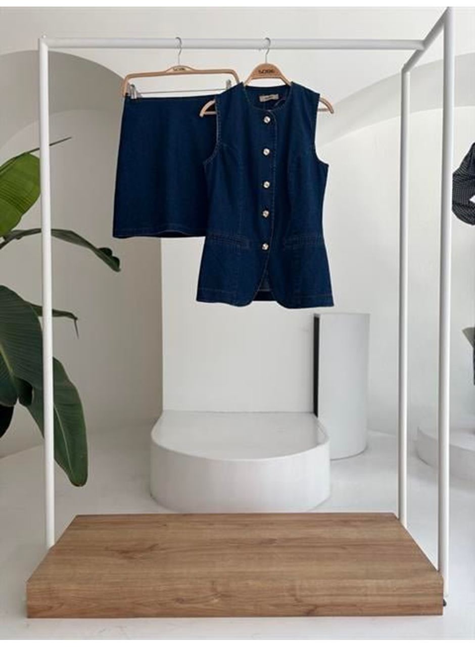Kolsuz Yelekli Mini Etekli Denim Takım 10164