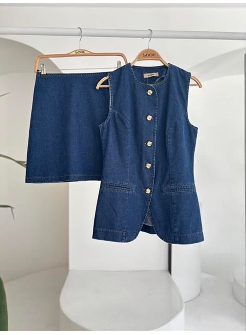 Kolsuz Yelekli Mini Etekli Denim Takım 10164