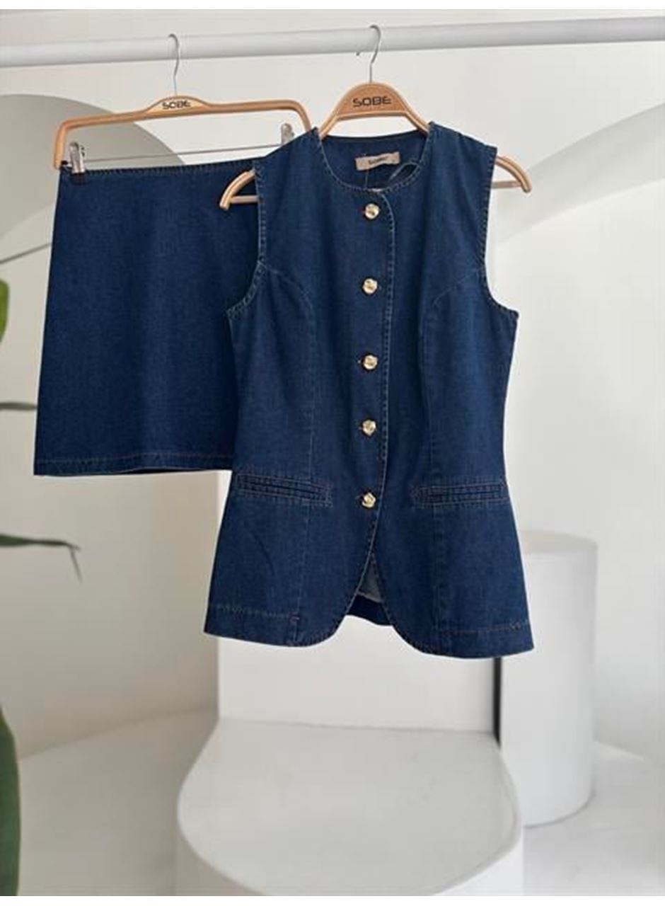 Kolsuz Yelekli Mini Etekli Denim Takım 10164