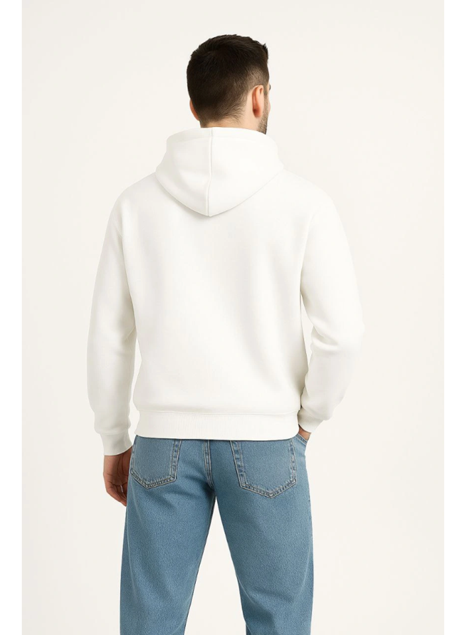 Erkek Kapüşonlu Sweatshirt Hoodie 3 İplik Şardonlu Pamuklu Kumaş, Önü Baskılı, Fermuarlı Rahat Kalıp, Kışlık Ve Sokak Stili Sweat - Beyaz