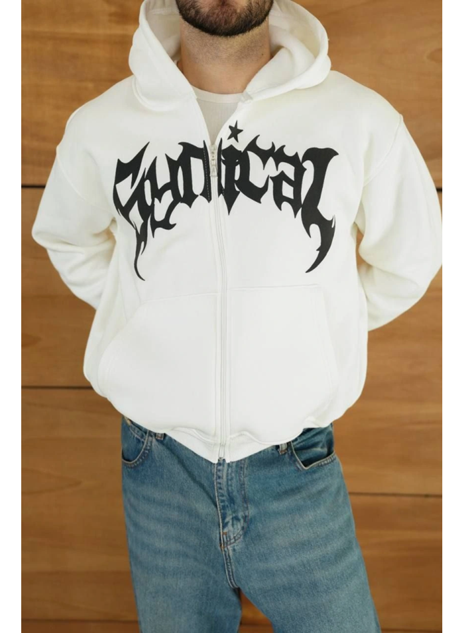 Erkek Kapüşonlu Sweatshirt Hoodie 3 İplik Şardonlu Pamuklu Kumaş, Önü Baskılı, Fermuarlı Rahat Kalıp, Kışlık Ve Sokak Stili Sweat - Beyaz