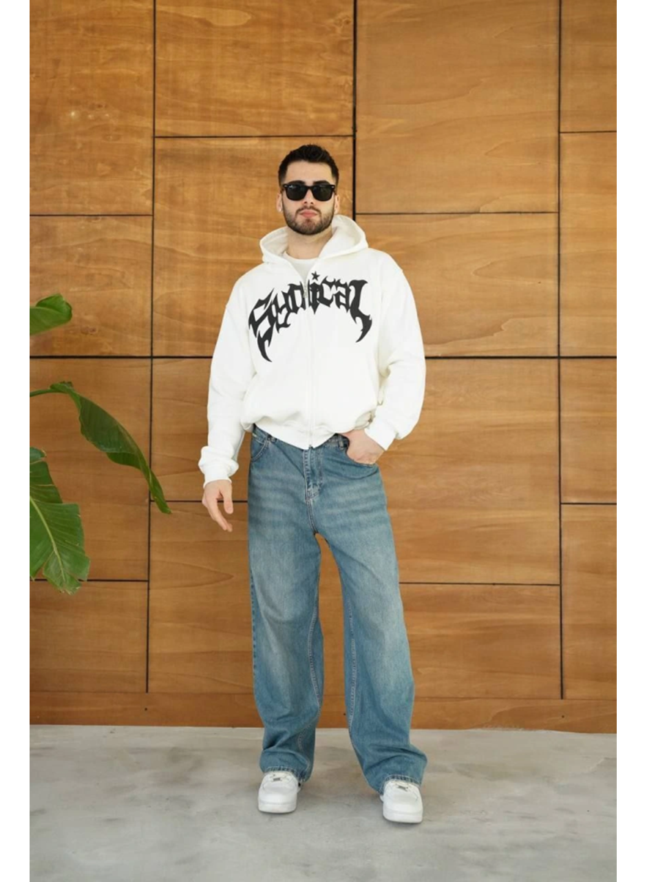 Erkek Kapüşonlu Sweatshirt Hoodie 3 İplik Şardonlu Pamuklu Kumaş, Önü Baskılı, Fermuarlı Rahat Kalıp, Kışlık Ve Sokak Stili Sweat - Beyaz