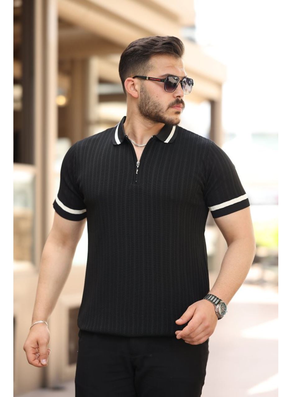 Erkek Yaka Ve Kolları çizgi Detaylı Fermuarlı Kısa Kollu T-shirt