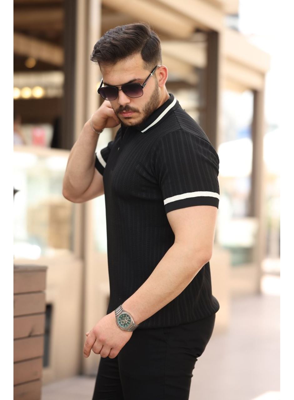 Erkek Yaka Ve Kolları çizgi Detaylı Fermuarlı Kısa Kollu T-shirt