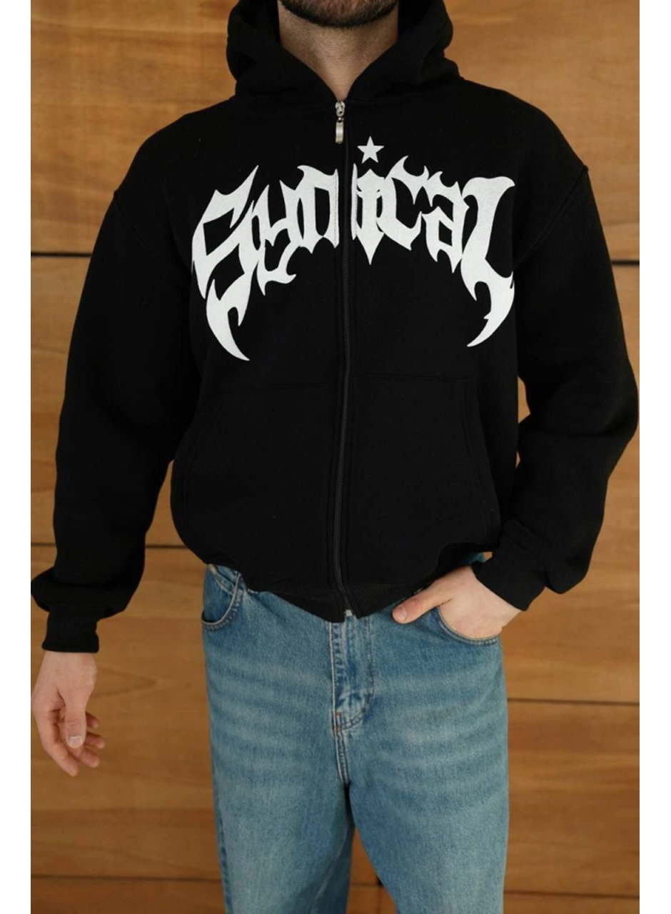 Erkek Kapüşonlu Sweatshirt  Hoodie 3 İplik Şardonlu Pamuklu Kumaş, Önü Baskılı, Fermuarlı Rahat Kalıp, Kışlık Ve Sokak Stili Sweat - Siyah