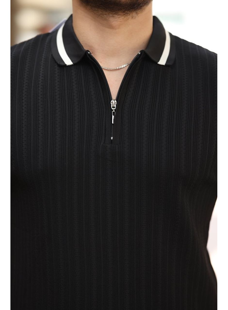 Erkek Yaka Ve Kolları çizgi Detaylı Fermuarlı Kısa Kollu T-shirt