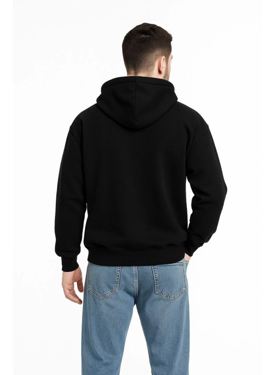 Erkek Kapüşonlu Sweatshirt  Hoodie 3 İplik Şardonlu Pamuklu Kumaş, Önü Baskılı, Fermuarlı Rahat Kalıp, Kışlık Ve Sokak Stili Sweat - Siyah