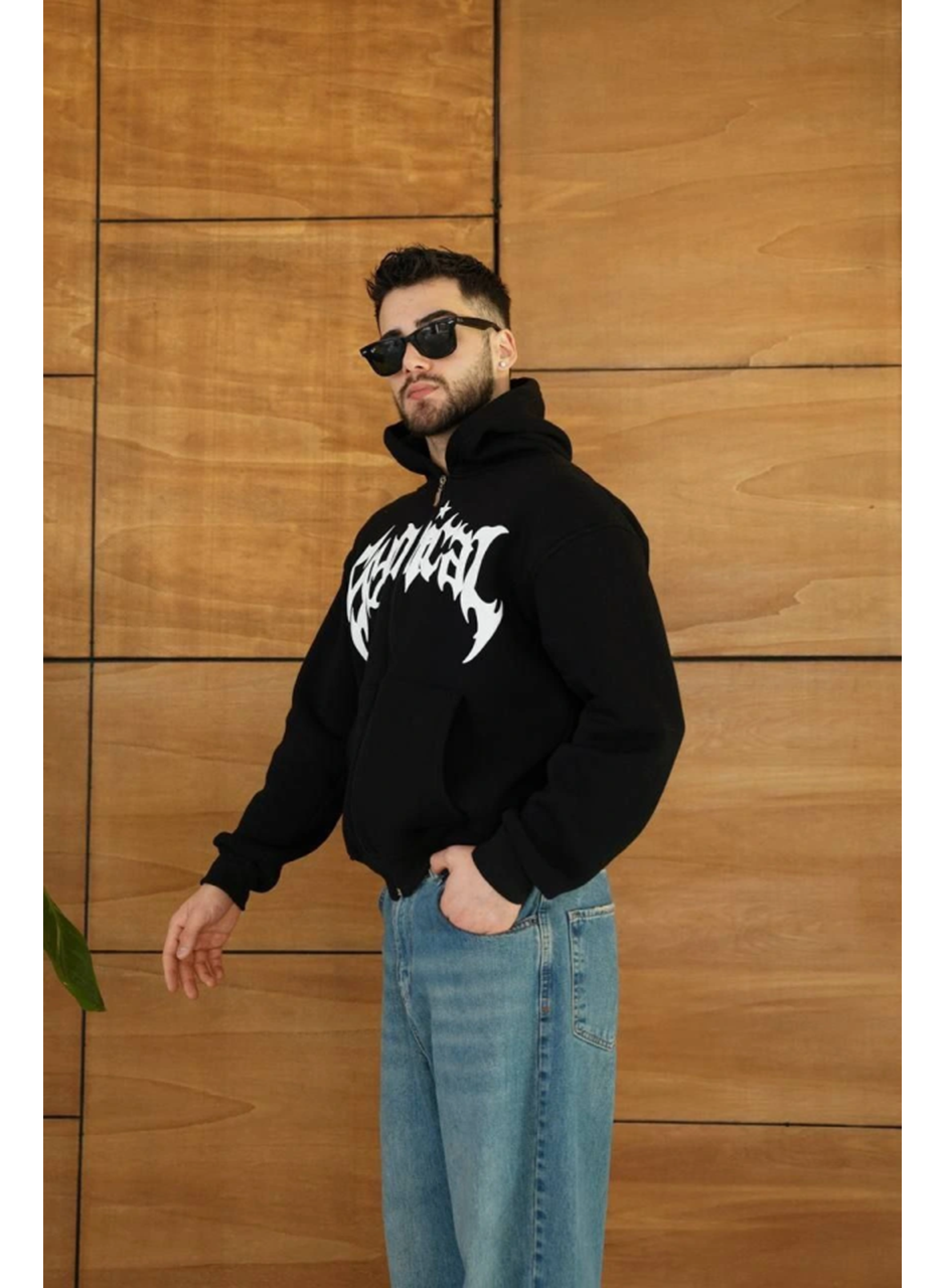 Erkek Kapüşonlu Sweatshirt  Hoodie 3 İplik Şardonlu Pamuklu Kumaş, Önü Baskılı, Fermuarlı Rahat Kalıp, Kışlık Ve Sokak Stili Sweat - Siyah